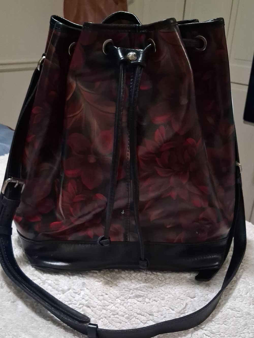 Patricia Nash Drawstring Bag with Deep Red Floral